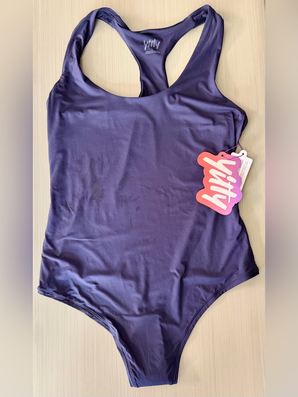 Yitty Stretchy Fit Racerback Thong Bodysuit Deep Navy Size L NWT